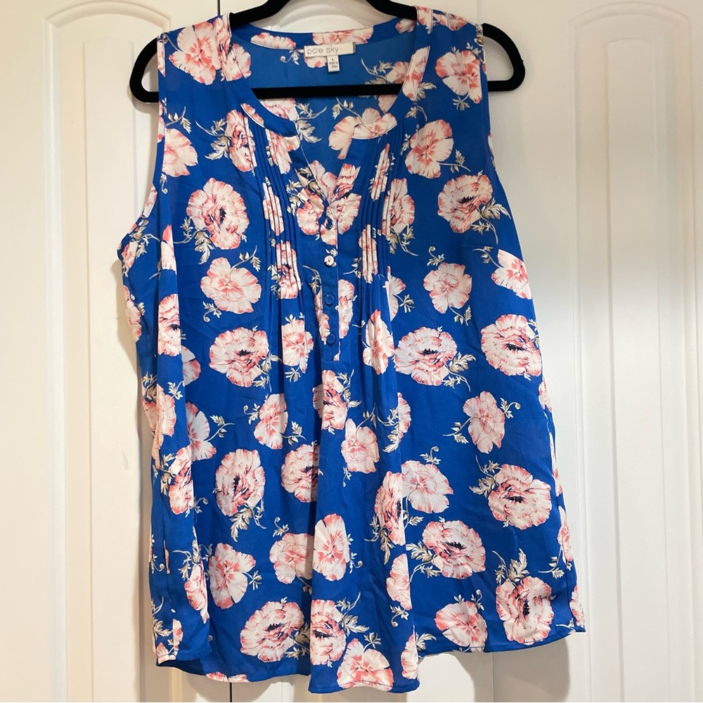 Pale Sky Sleeveless Floral Maternity Blouse Woven Blue Pink Size Large